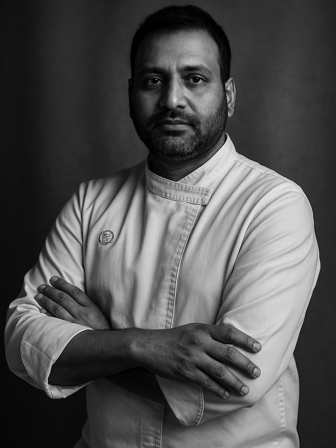 Studio portrait of Chef Rajpal Singh Ranghar in chef whites