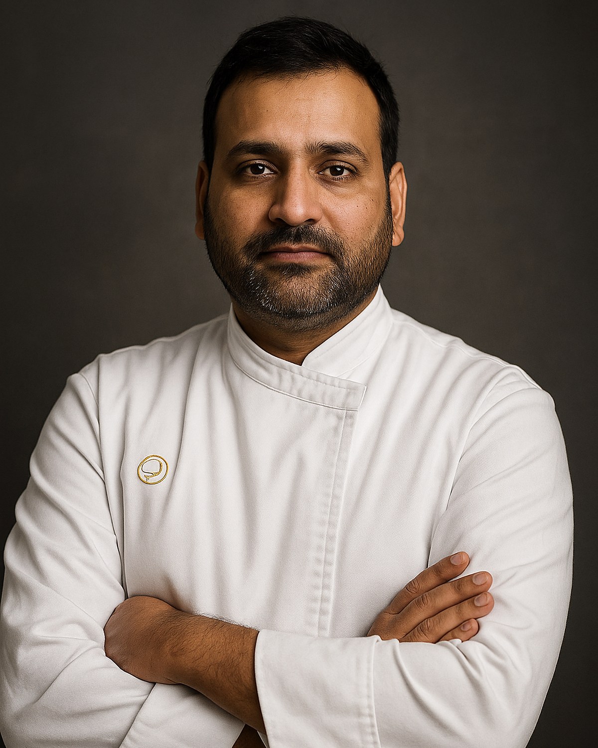 Studio portrait of Chef Rajpal Singh Ranghar with arms folded, in chef whites
