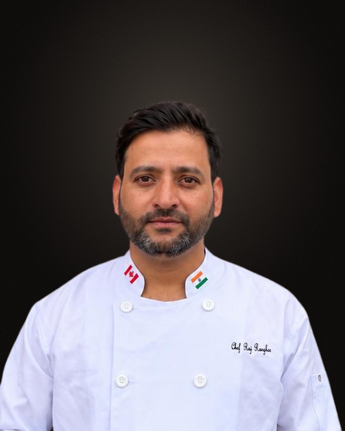 Chef Rajpal Singh Ranghar in chef whites, with the Canadian and Indian flags on the collar
